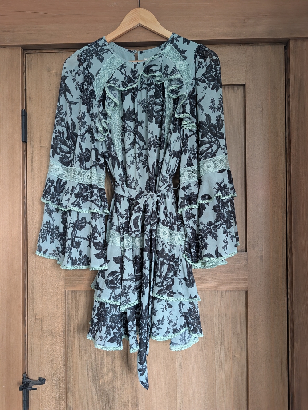 BHLDN Bell Sleeve Floral Lace-Trim Tiered Dress